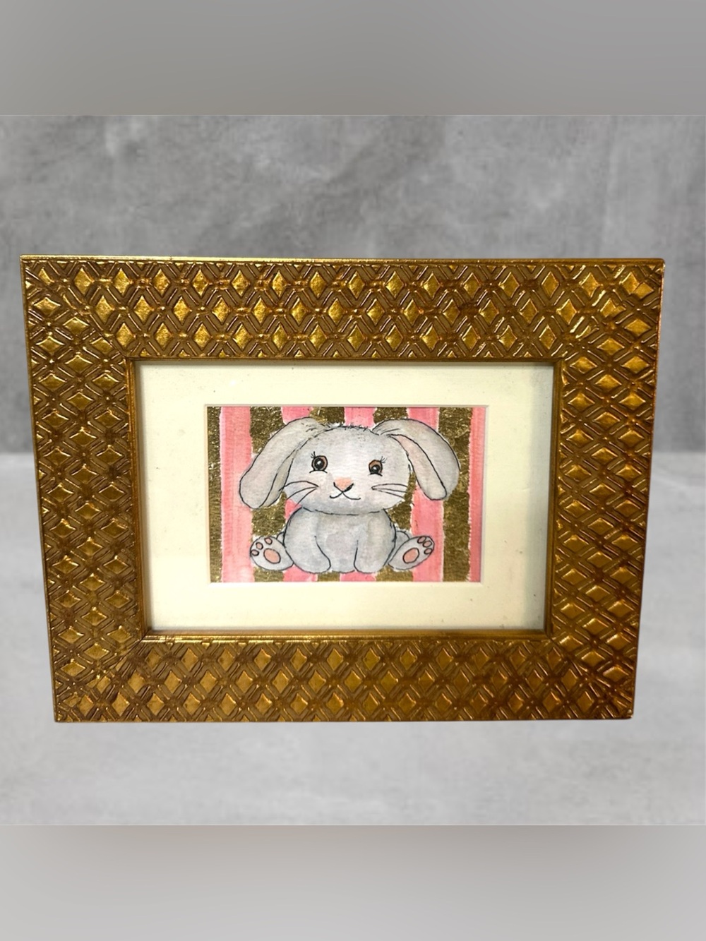 ORIGINAL FRAMED WATERCOLOR PAINTING BUNNY PINK GOLD LEAF STRIPED GOLD WOOD FRAME
